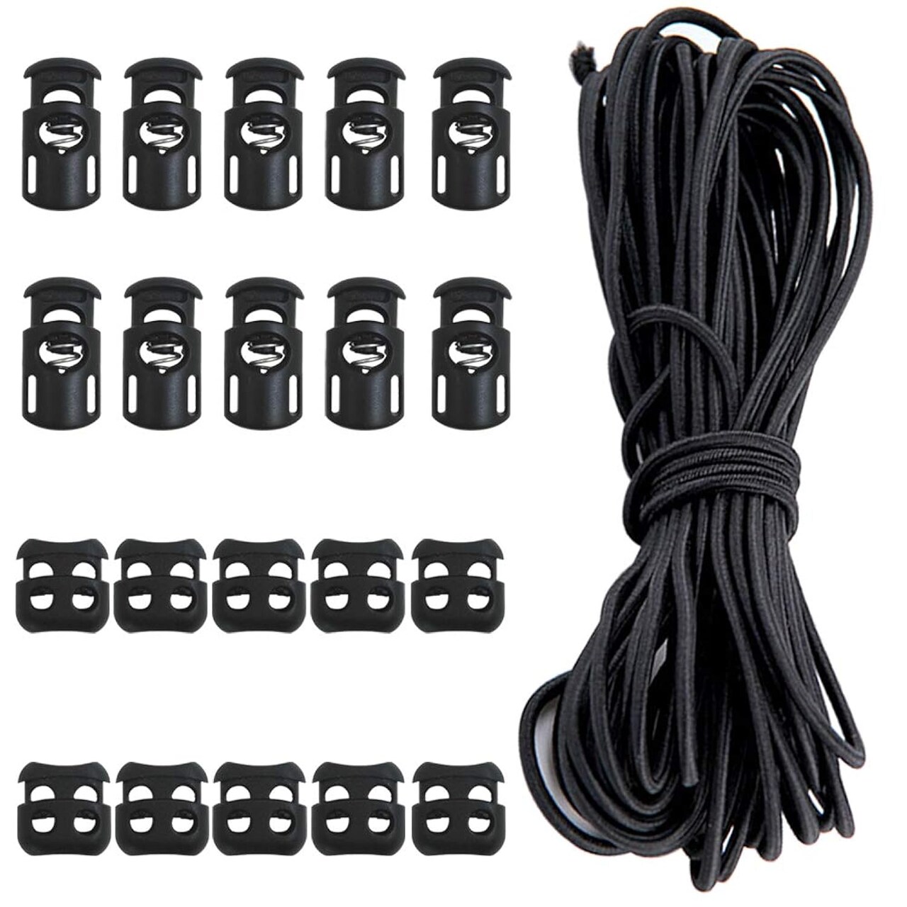 20 Pcs Plastic Cord Locks kit Elastic Bungee Nylon Shock Cord 1/8" 50 ft Lengths, DaKuan 10 Pcs Sing-Hole, 10 pcs Double-Hole (Black) End Spring Toggle Stopper Slider with Crafting Stretch String
